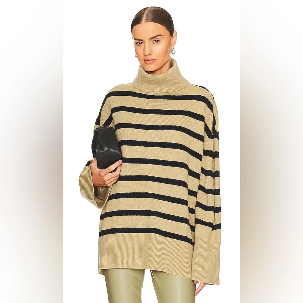 WEWOREWHAT Striped Turtleneck in Oat/Black - Picture 1 of 10